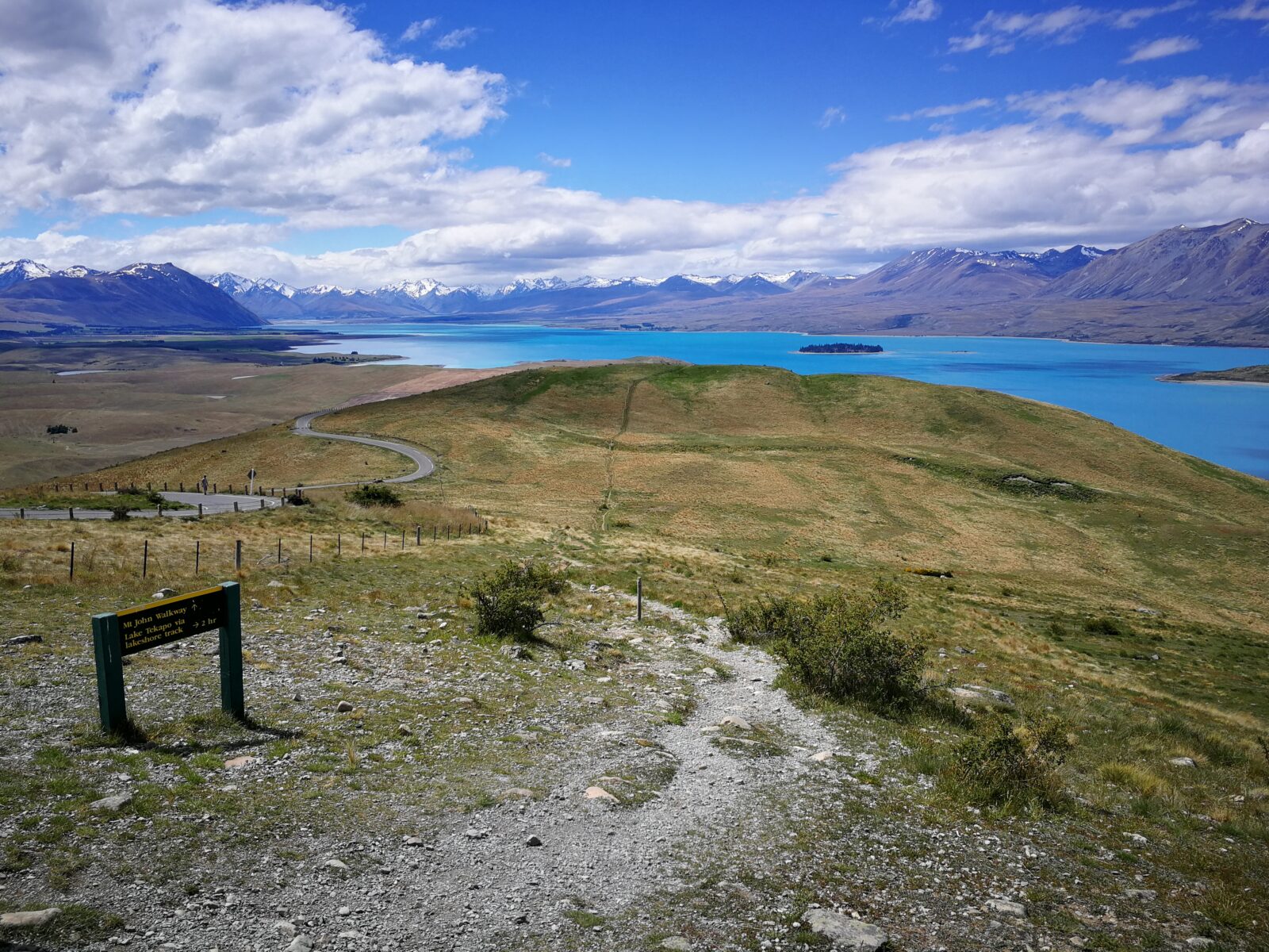 Panoramablick vom Mount John auf den leuchtend türkisblauen Lake Tekapo und die schneebedeckten Südalpen im Mackenzie-Becken, Neuseeland. Im Vordergrund führt der Mount John Walkway mit einem Holzwegweiser über grasbewachsene Hügel.