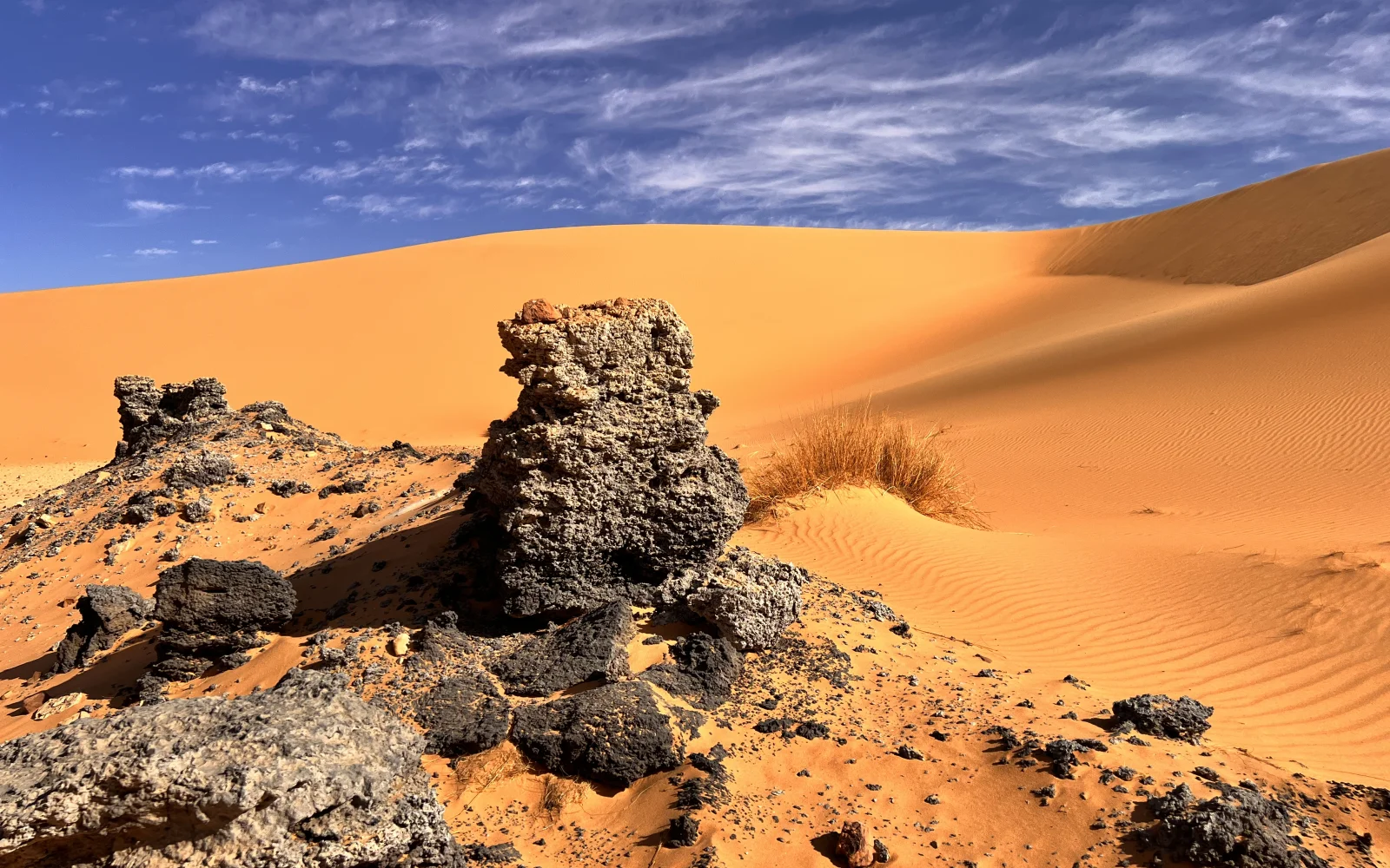 Schwarze Felsen in der Sahara – die Wüste zeigt hier ihre ganze Vielfalt