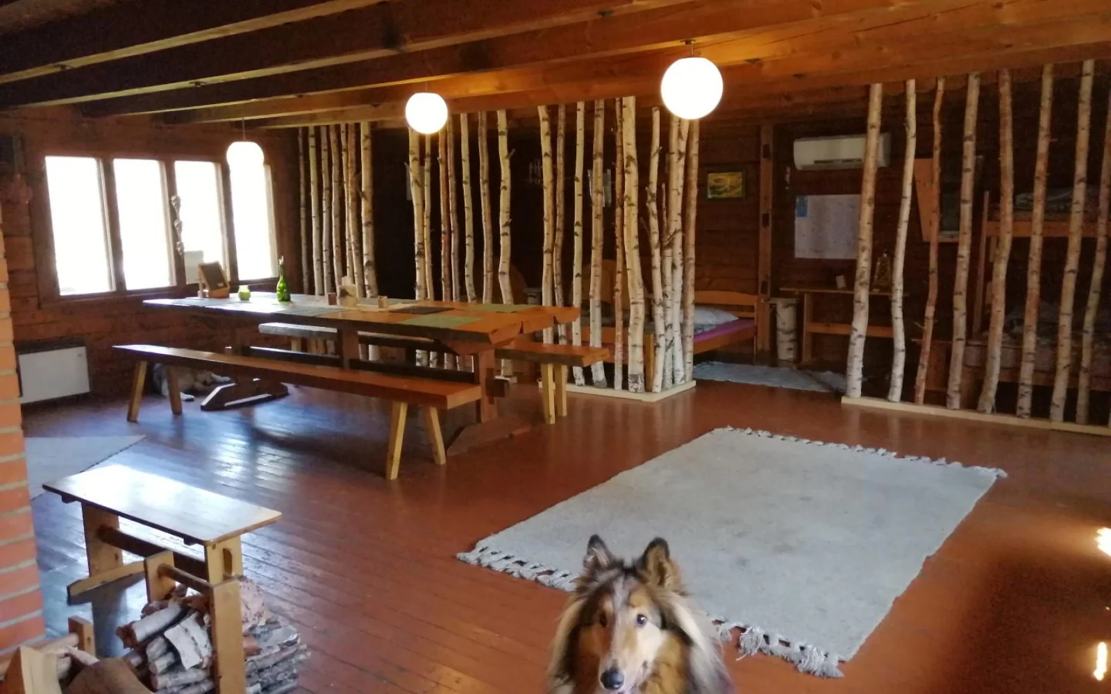 ...und verfügt über Strom, Holzsauna und mit Birkenstämmen abgetrennte Schlafbereiche.