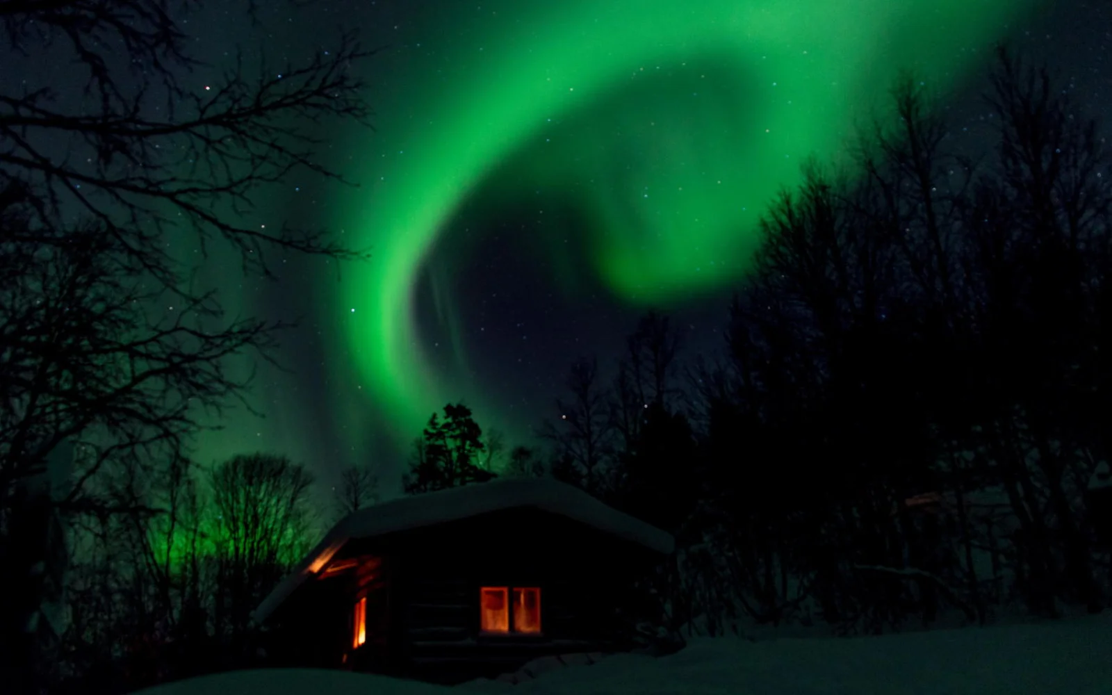 Magische Polarlichter über der Wildnishütte.