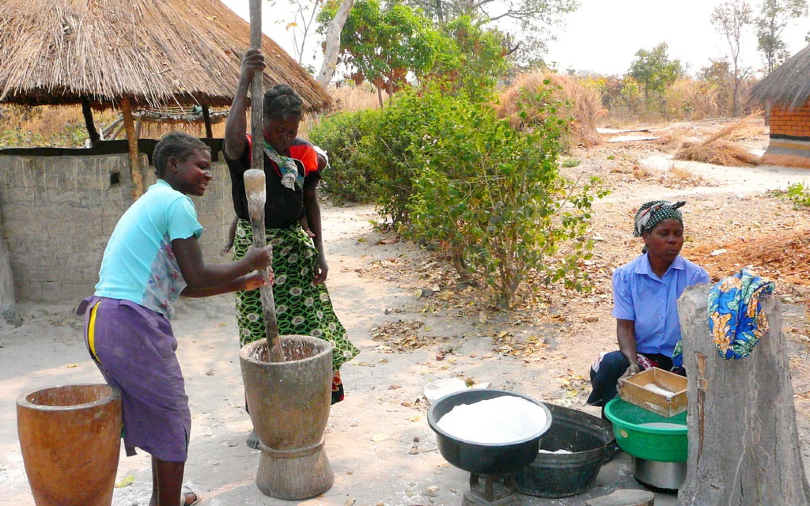 Stampfen von Mehl in Sambia,  eine traditionelle und kraftraubende Arbeit