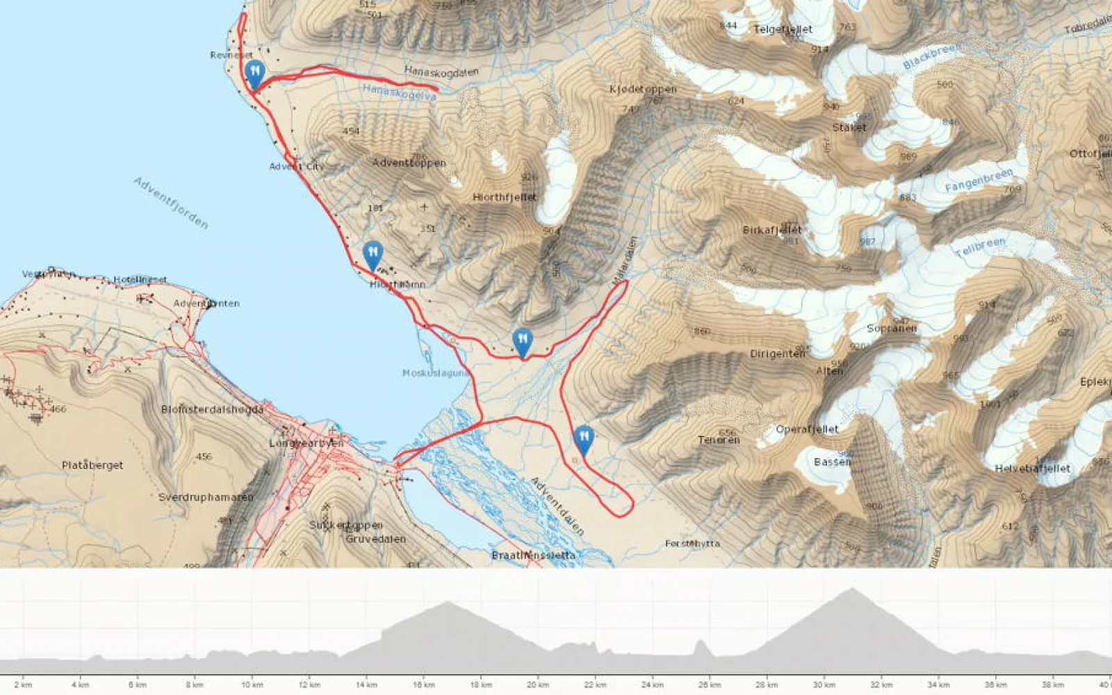 Die aktuelle 42 km-Strecke im Adventfjord vor Longyearbyen - eine sehr gute Streckenänderung, die vor einigen Jahren vorgenommen wurde.